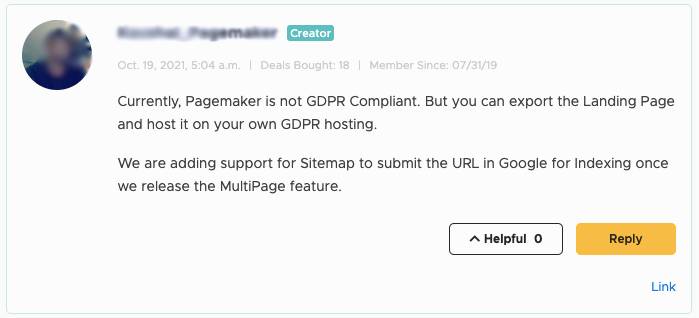 pg GDPR Review de Pagemaker, un creador de landing page rápidas y 100% mobile first